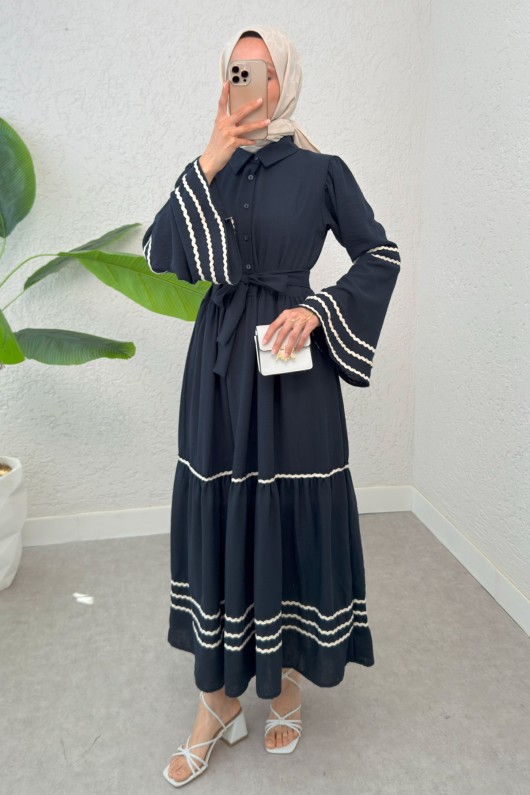 İspanyol Kol Kuşaklı Elbise 2035 - LACİVERT