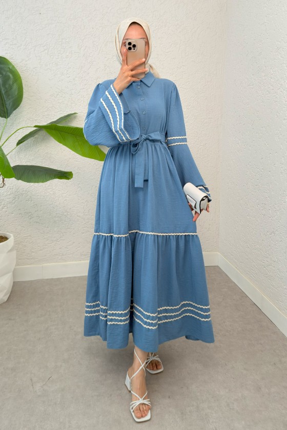 İspanyol Kol Kuşaklı Elbise 2035 - MAVİ
