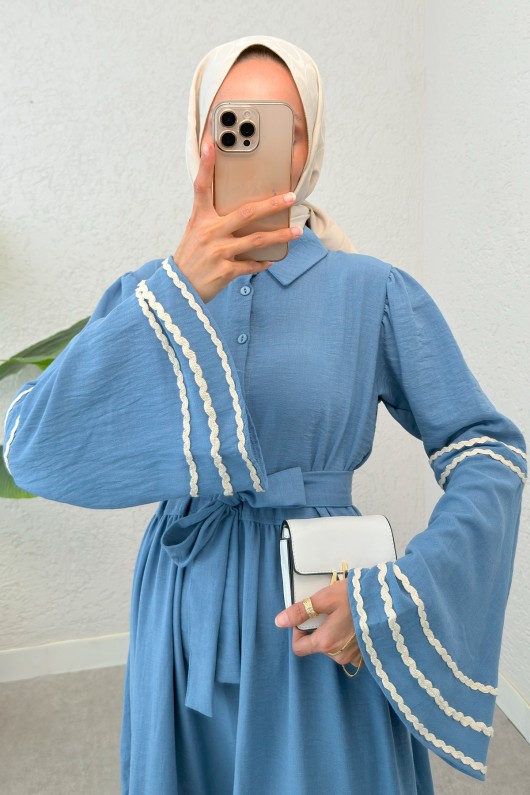 İspanyol Kol Kuşaklı Elbise 2035 - MAVİ İspanyol Kol Kuşaklı Elbise 2035 - MAVİ