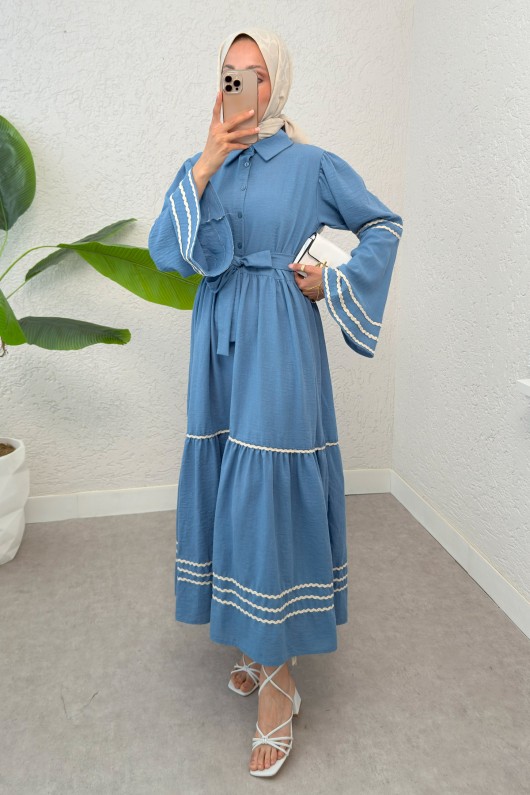 İspanyol Kol Kuşaklı Elbise 2035 - MAVİ İspanyol Kol Kuşaklı Elbise 2035 - MAVİ