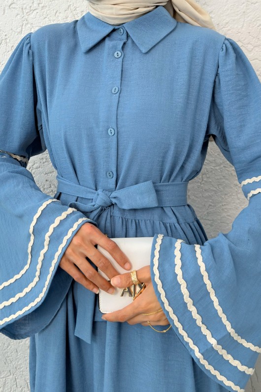 İspanyol Kol Kuşaklı Elbise 2035 - MAVİ İspanyol Kol Kuşaklı Elbise 2035 - MAVİ