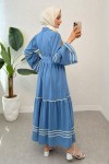 İspanyol Kol Kuşaklı Elbise 2035 - MAVİ İspanyol Kol Kuşaklı Elbise 2035 - MAVİ