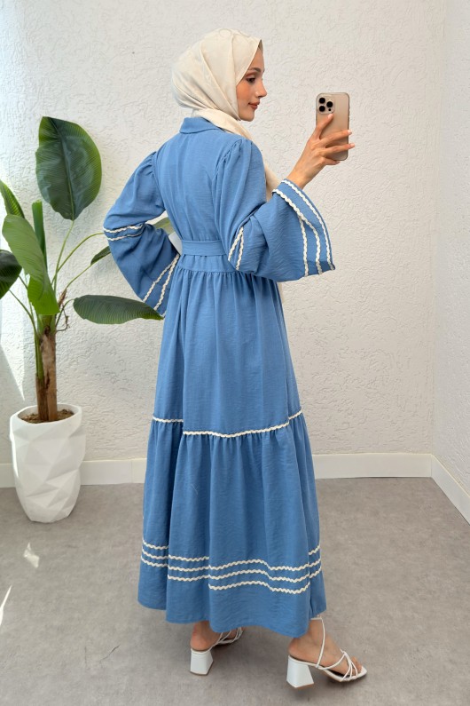 İspanyol Kol Kuşaklı Elbise 2035 - MAVİ İspanyol Kol Kuşaklı Elbise 2035 - MAVİ