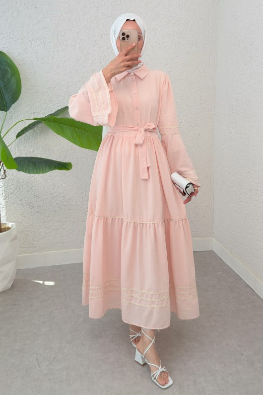 İspanyol Kol Kuşaklı Elbise 2035 - PUDRA İspanyol Kol Kuşaklı Elbise 2035 - PUDRA