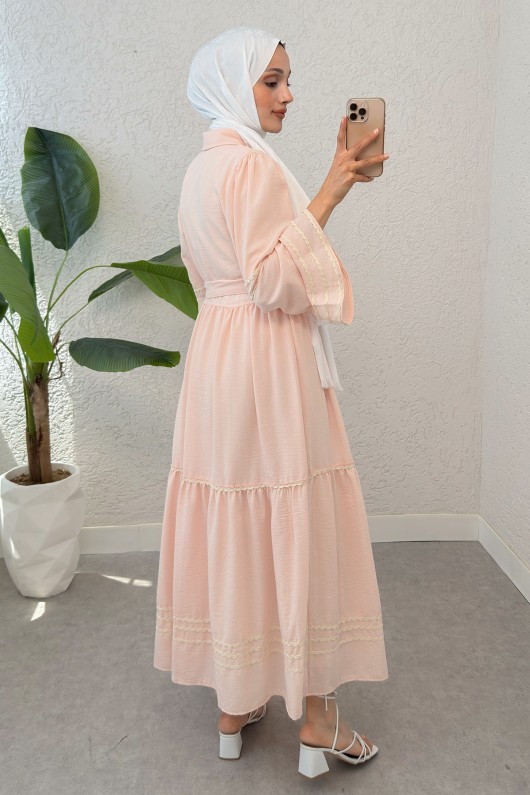 İspanyol Kol Kuşaklı Elbise 2035 - PUDRA İspanyol Kol Kuşaklı Elbise 2035 - PUDRA