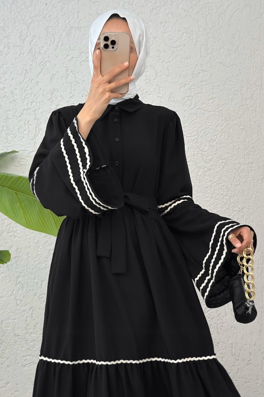 İspanyol Kol Kuşaklı Elbise 2035 - SİYAH