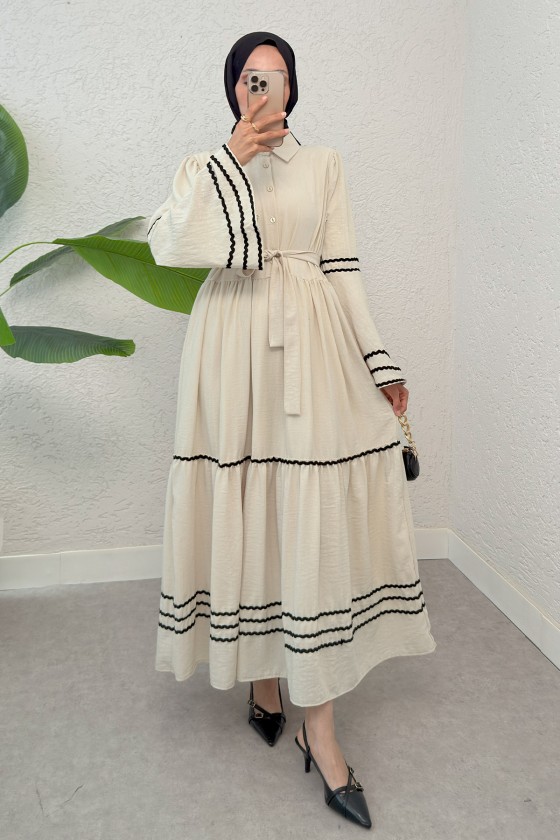 İspanyol Kol Kuşaklı Elbise 2035 - BEJ