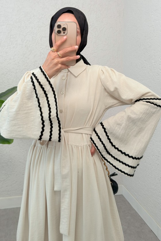 İspanyol Kol Kuşaklı Elbise 2035 - BEJ İspanyol Kol Kuşaklı Elbise 2035 - BEJ