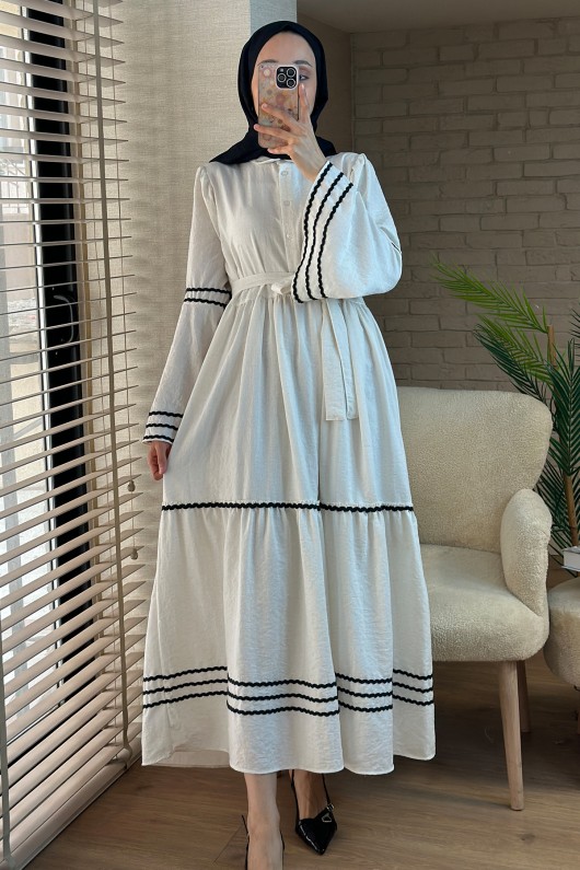2035 İspanyol Kol Kuşaklı Elbise - BEYAZ