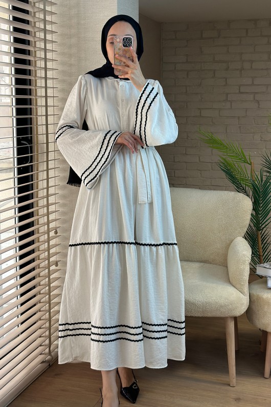 2035 İspanyol Kol Kuşaklı Elbise - BEYAZ