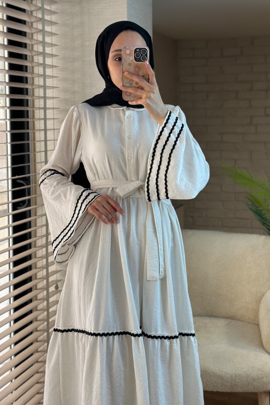 2035 İspanyol Kol Kuşaklı Elbise - BEYAZ