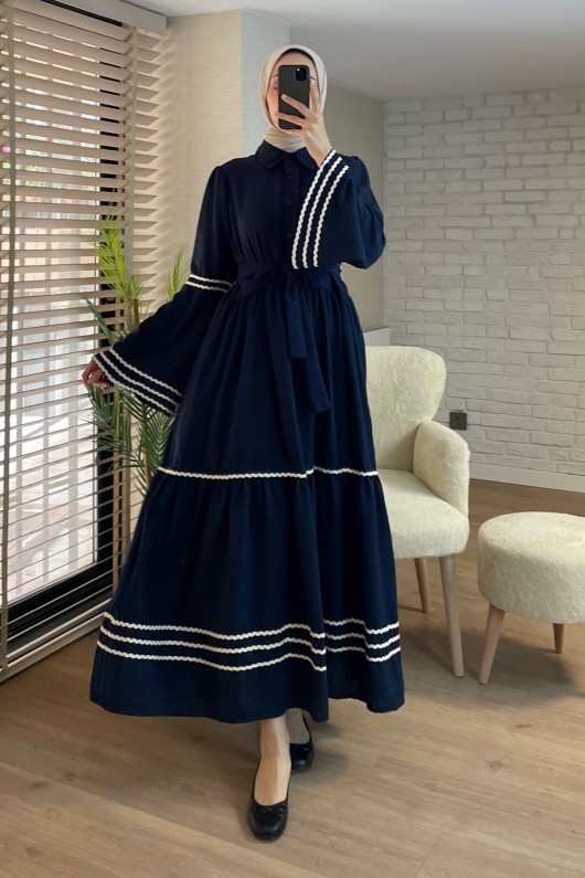2035 İspanyol Kol Kuşaklı Elbise - LACİVERT