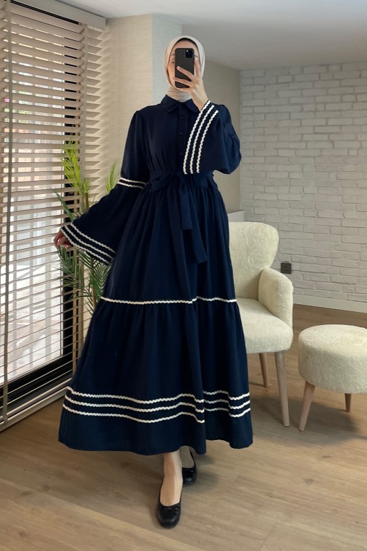 2035 İspanyol Kol Kuşaklı Elbise - LACİVERT