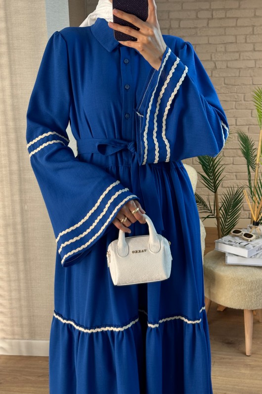 2035 İspanyol Kol Kuşaklı Elbise - PARLEMENT MAVİSİ