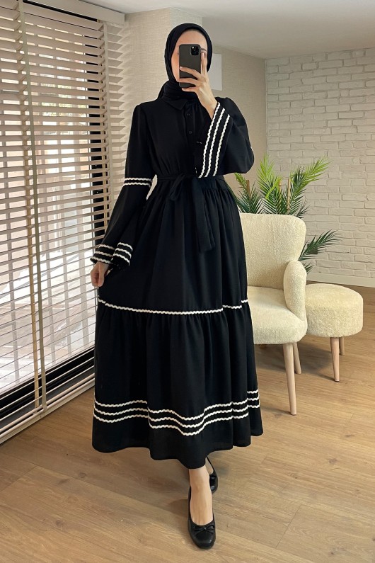 2035 İspanyol Kol Kuşaklı Elbise - SİYAH