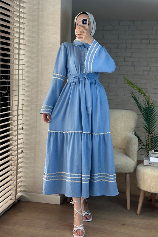 2035 İspanyol Kol Kuşaklı Elbise - BEBE MAVİSİ