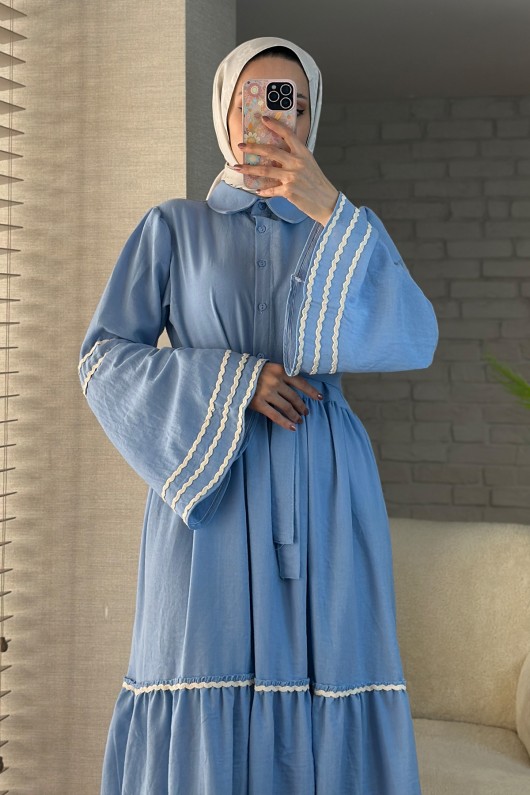 2035 İspanyol Kol Kuşaklı Elbise - BEBE MAVİSİ