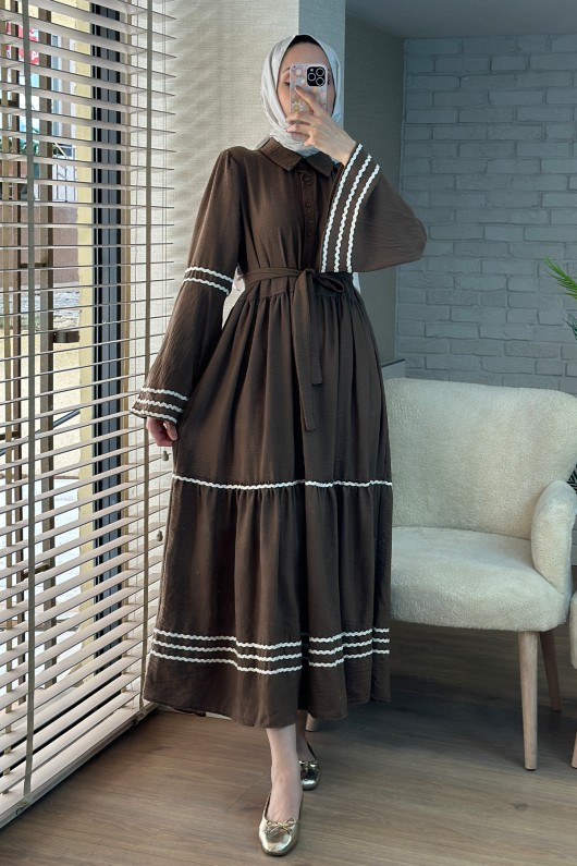 2035 İspanyol Kol Kuşaklı Elbise - ACI KAHVE