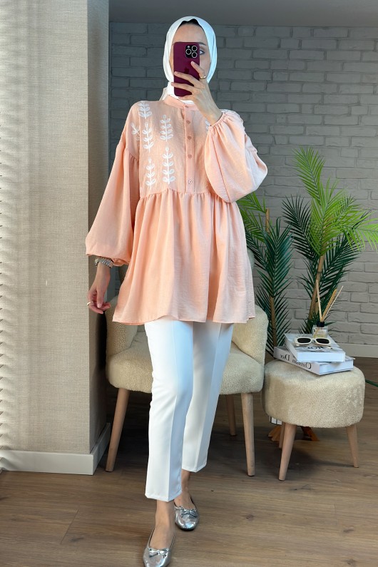 2036 Önü Çiçek Nakışlı Tunik - SOMON