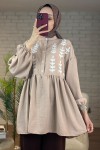 2036 Önü Çiçek Nakışlı Tunik - BEJ