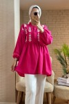 2036 Önü Çiçek Nakışlı Tunik - FUŞYA