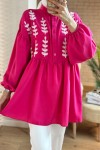 2036 Önü Çiçek Nakışlı Tunik - FUŞYA