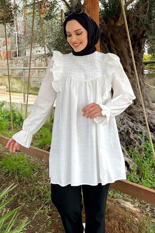 2044 Omuzları Fırfırlı Tunik - BEYAZ