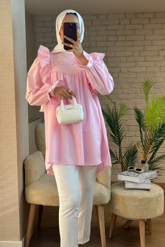 2044 Omuzları Fırfırlı Tunik - PEMBE