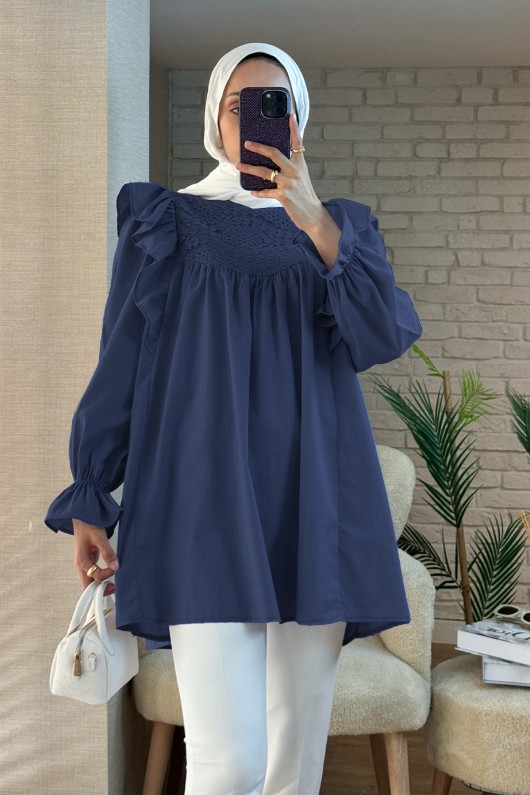 2044 Omuzları Fırfırlı Tunik - LACİVERT 2044 Omuzları Fırfırlı Tunik - LACİVERT