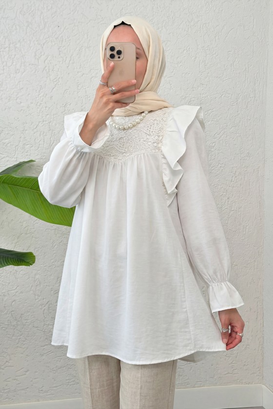 Omuz Fırfır Detaylı Tunik 2044 - BEYAZ