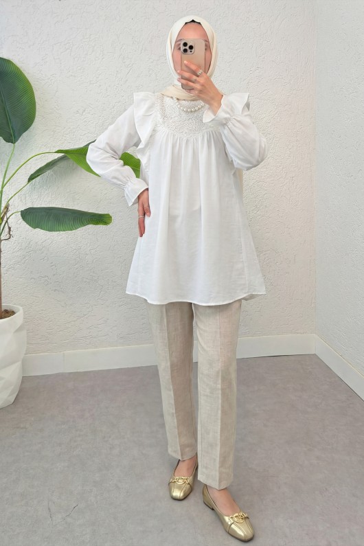 Omuz Fırfır Detaylı Tunik 2044 - BEYAZ