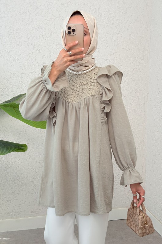 Omuz Fırfır Detaylı Tunik 2044 - KOYU BEJ