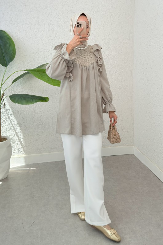 Omuz Fırfır Detaylı Tunik 2044 - KOYU BEJ