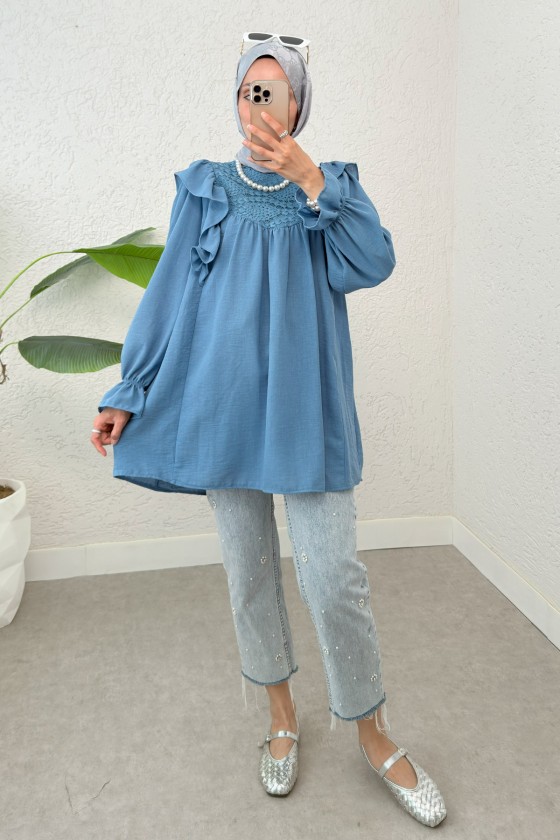 Omuz Fırfır Detaylı Tunik 2044 - MAVİ