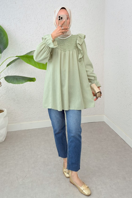 Omuz Fırfır Detaylı Tunik 2044 - SU YEŞİLİ