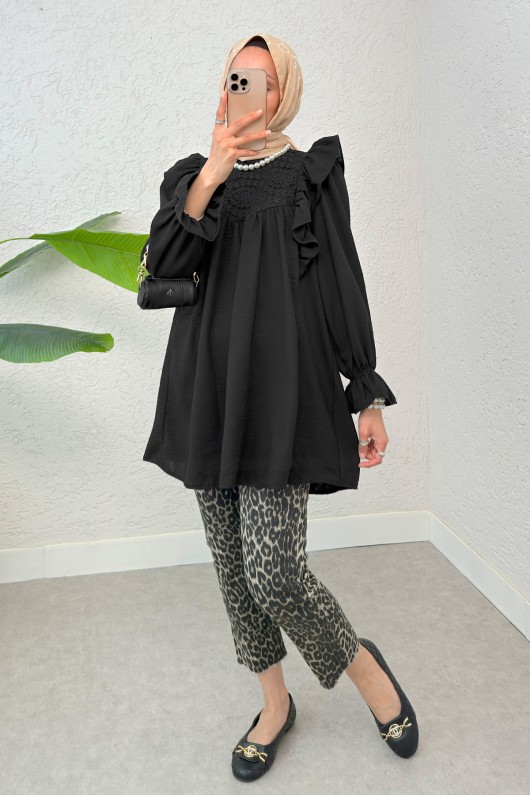 Omuz Fırfır Detaylı Tunik 2044 - SİYAH