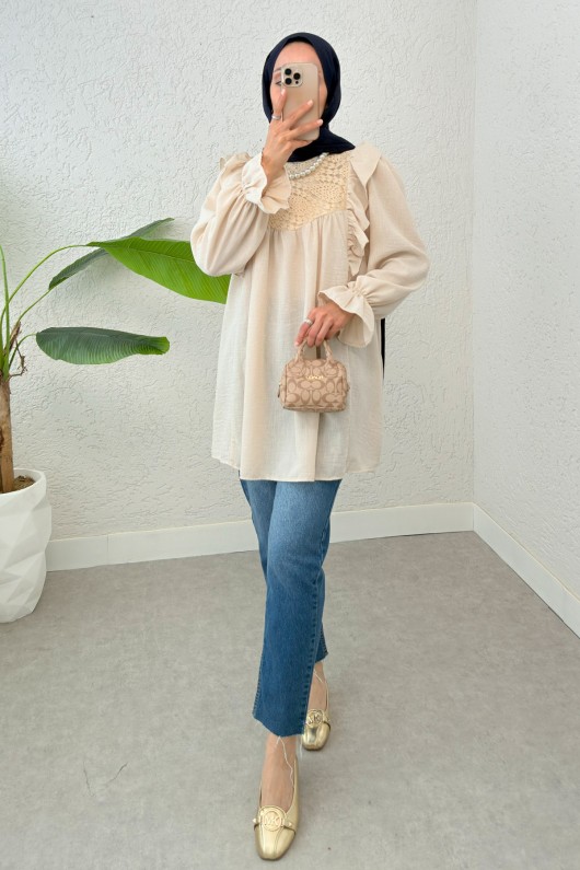 Omuz Fırfır Detaylı Tunik 2044 - TAŞ RENGİ