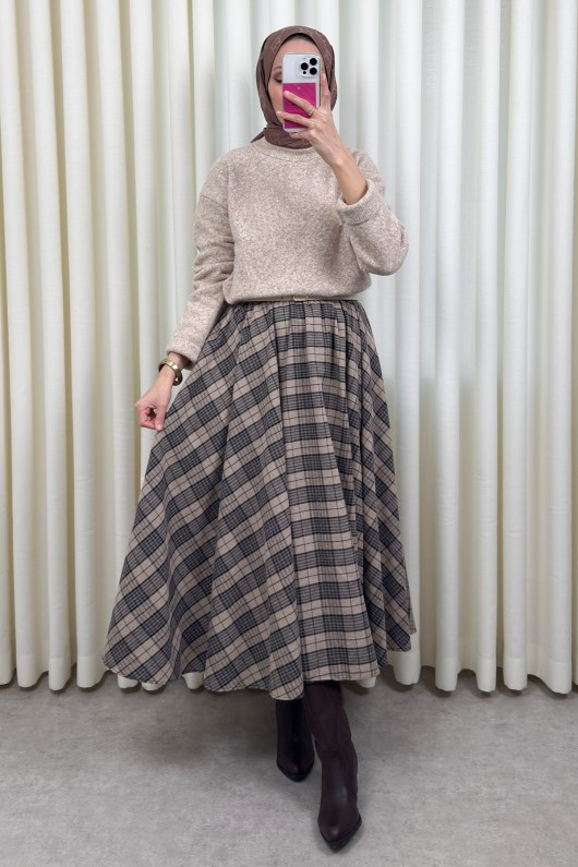  Kloş Ekoseli Etek 2045 - BEJ