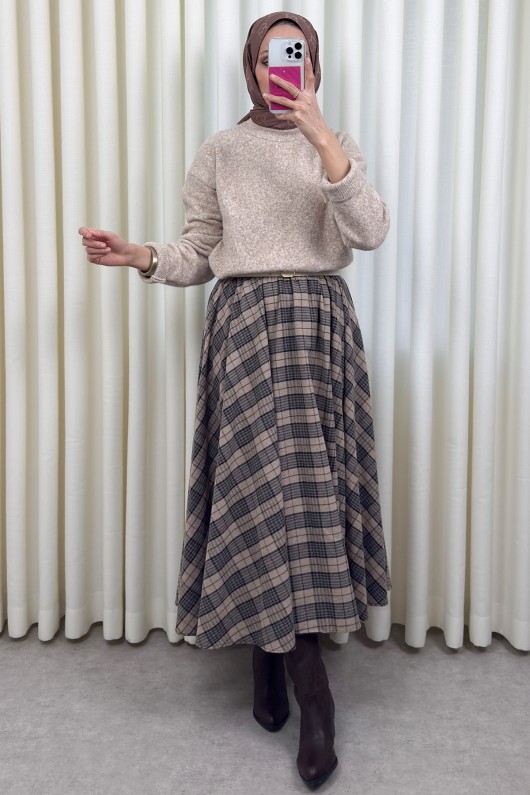  Kloş Ekoseli Etek 2045 - BEJ