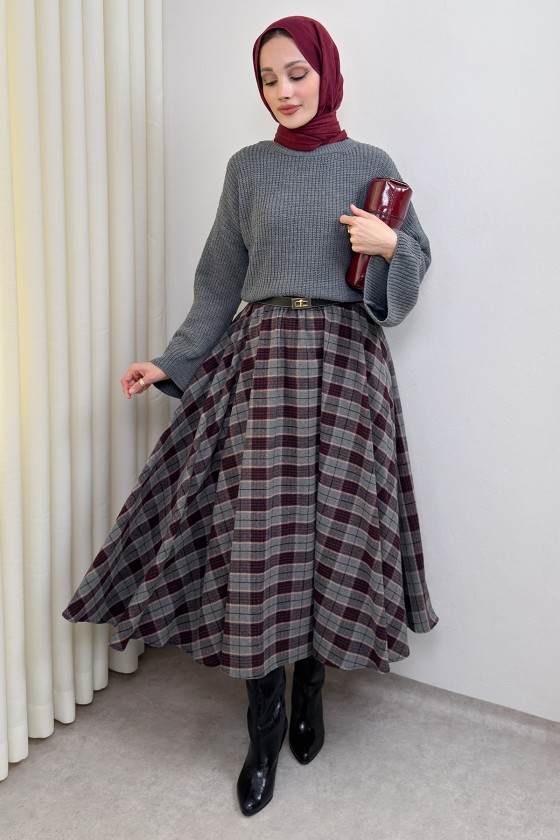  Kloş Ekoseli Etek 2045 - BORDO