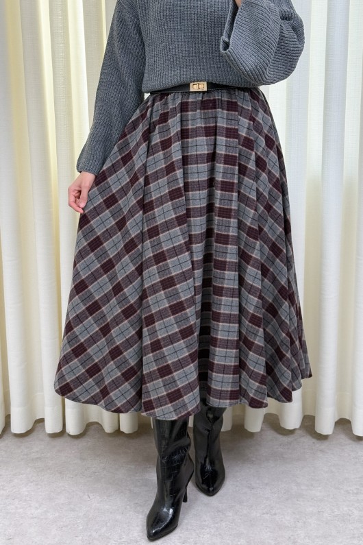  Kloş Ekoseli Etek 2045 - BORDO