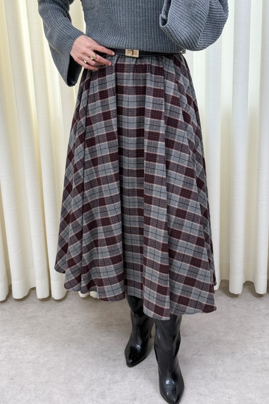  Kloş Ekoseli Etek 2045 - BORDO