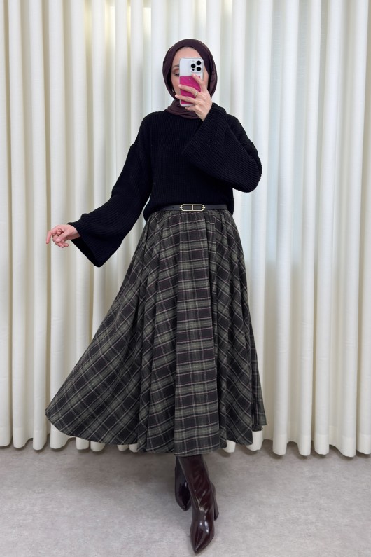  Kloş Ekoseli Etek 2045 - HAKİ