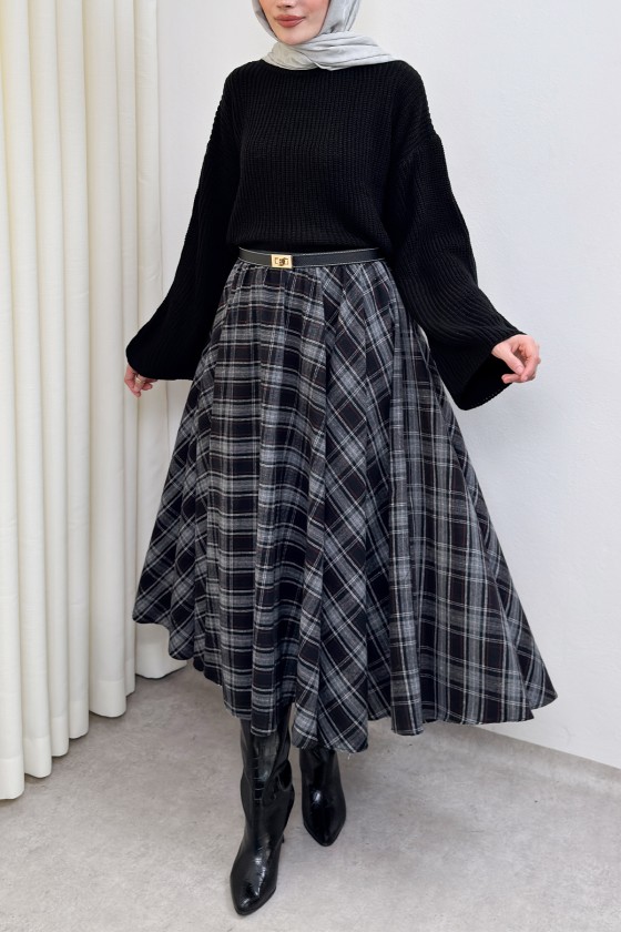  Kloş Ekoseli Etek 2045 - SİYAH