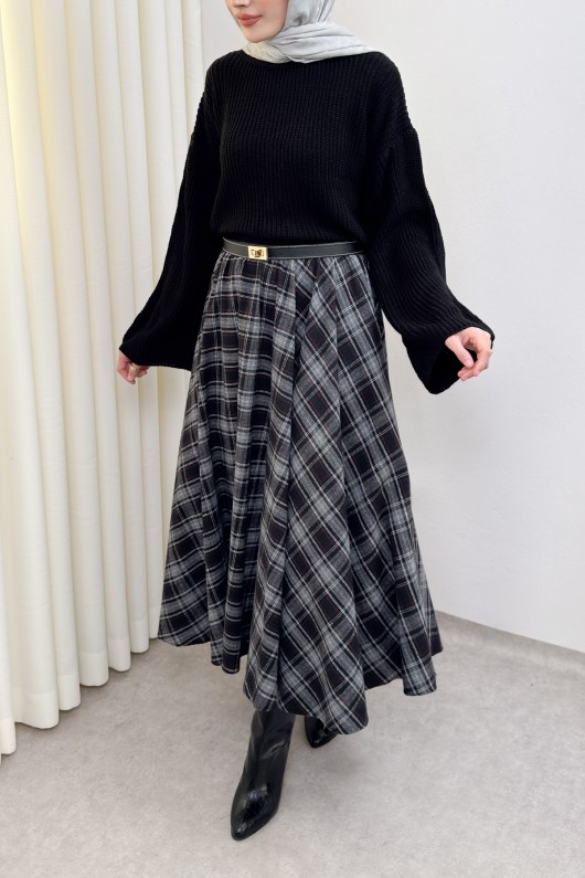  Kloş Ekoseli Etek 2045 - SİYAH