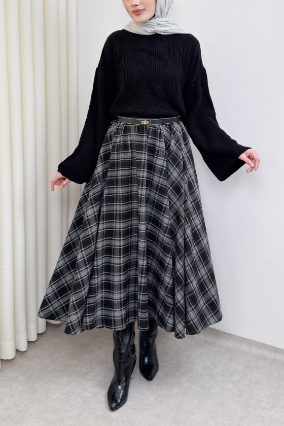  Kloş Ekoseli Etek 2045 - SİYAH