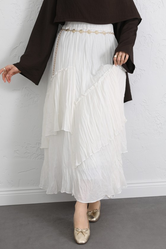 Lastik Bel Katlı Kraş Etek 2057 - BEYAZ