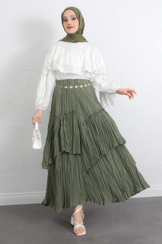 Lastik Bel Katlı Kraş Etek 2057 - HAKİ