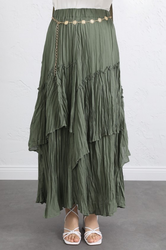 Lastik Bel Katlı Kraş Etek 2057 - HAKİ