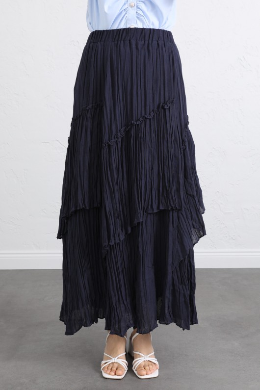 Lastik Bel Katlı Kraş Etek 2057 - LACİVERT